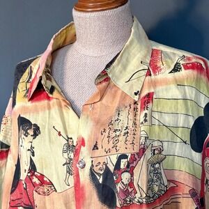 Vintage Citron Santa Monica Linen Geisha Art Shirt | Capiz Buttons | Size Large